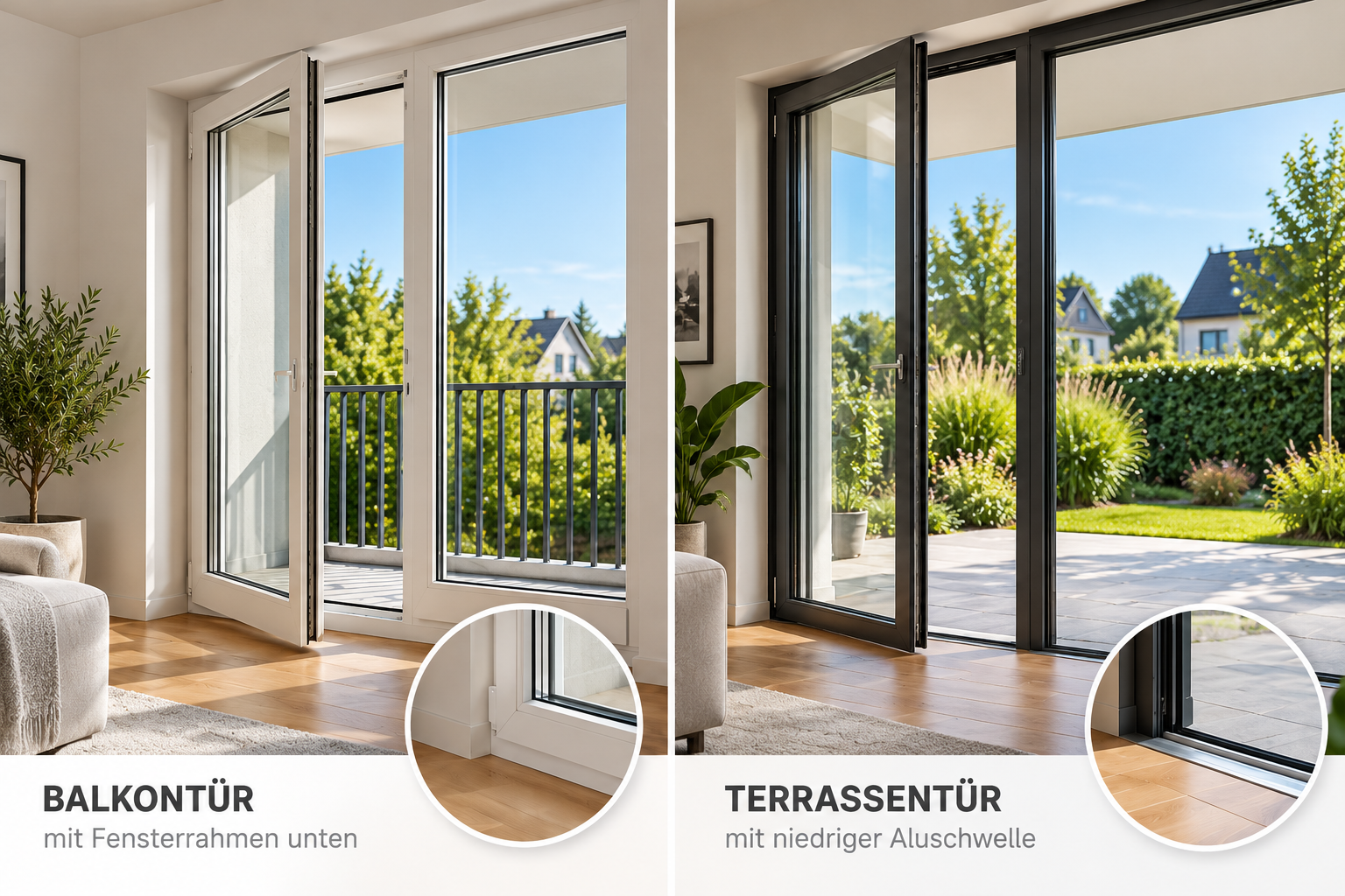 Vergleich einer Balkontür mit unterem Fensterrahmen und einer Terrassentür mit niedriger Aluminiumschwelle