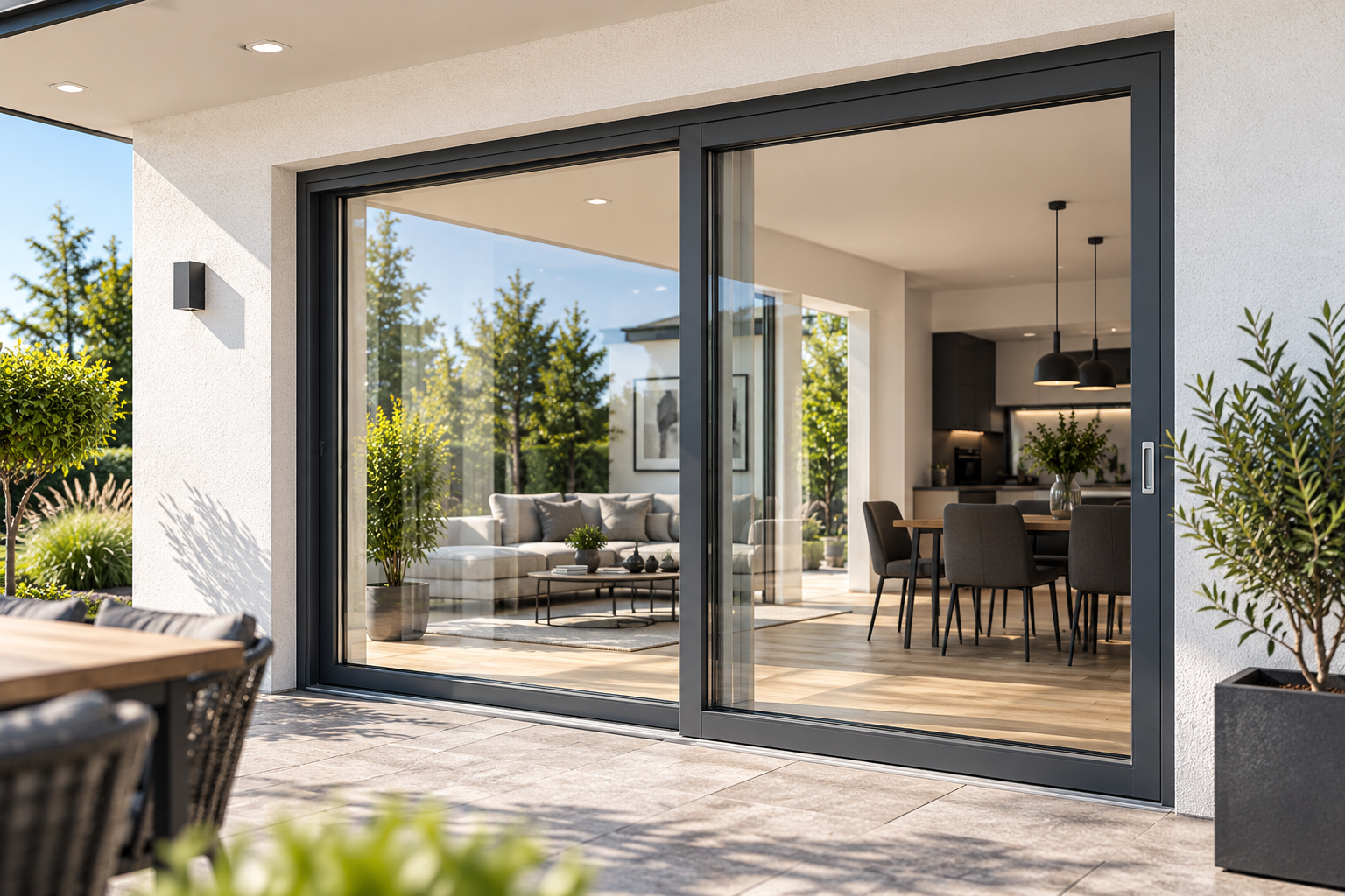 Moderne Glas-Schiebetür mit seitlich verschiebbarem Flügel zur Terrasse
