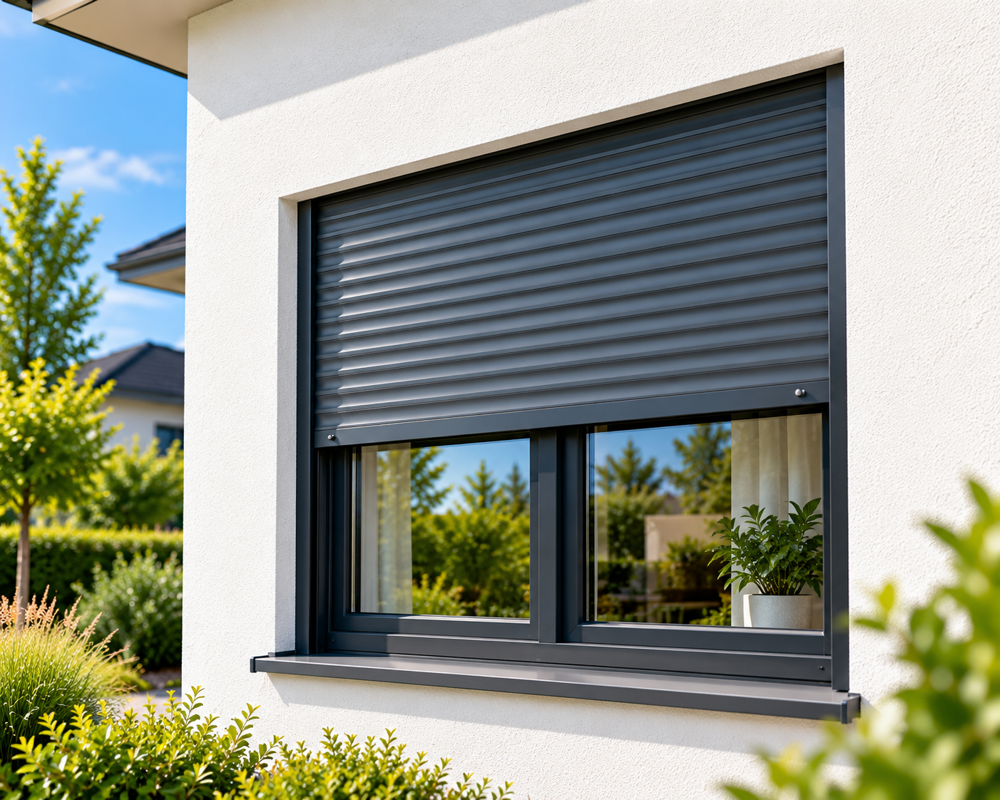Fenster mit anthrazitfarbenem Rollladen an modernem Wohnhaus