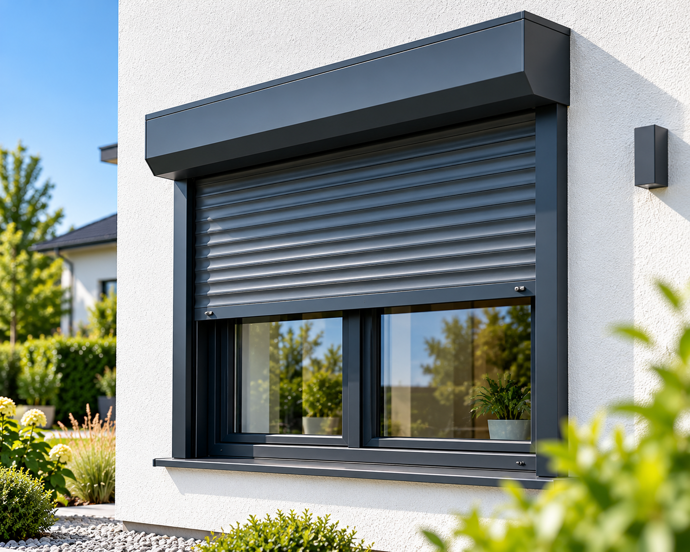 Modernes Fenster mit anthrazitfarbenem Rollladen an heller Hausfassade